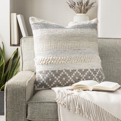 Drawing from bohemian and global-inspired style and design, this pillow is sure to be a trendy addition to your decor space! | Dakota Fields Derreck Square Pillow Cover Wool Blend / Wool in Gray / White, Size 20.0 H x 20.0 W x 5.0 D in | Wayfair Pillows Gray Couch, Throw Pillows Gray Couch, Southwest Throw Pillows, Cream Pillow Covers, Winter Throw Pillows, Cream Pillows, Geometric Throw Pillows, Wool Throw Pillows, Throw Pillows Bed