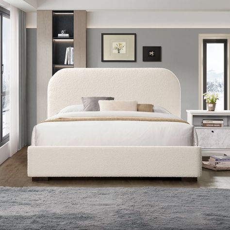 Queen Upholstered Platform Bed, Cozy Bed Frame, White Boucle Bed, Cloud Bed Frame, Cream Upholstered Bed, Cool Bed Frames, Boucle Bed Frame, Sherpa Bed, Boucle Bed