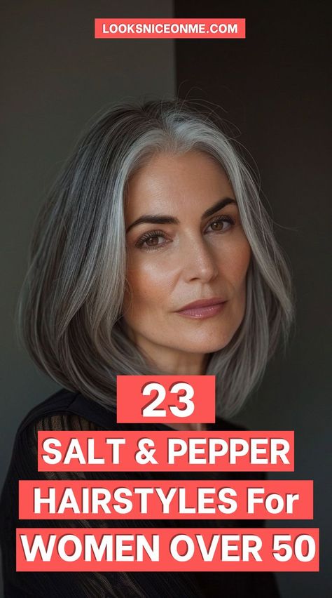 Consider 23 stylish salt and pepper hairstyles for women over 50 that will inspire your next salon visit. These stunning looks are perfect for every woman! Over 60 Grey Hairstyles For Women, Silver Hair Styles For Women, Medium Salt And Pepper Hairstyles, Salt Pepper Hair Over 50, Haircuts For Grey Hair Over 50, Hair Ideas For Gray Hair, Salt And Pepper Hair With Money Piece, Hairstyles For Salt And Pepper Hair, Women Salt And Pepper Hair