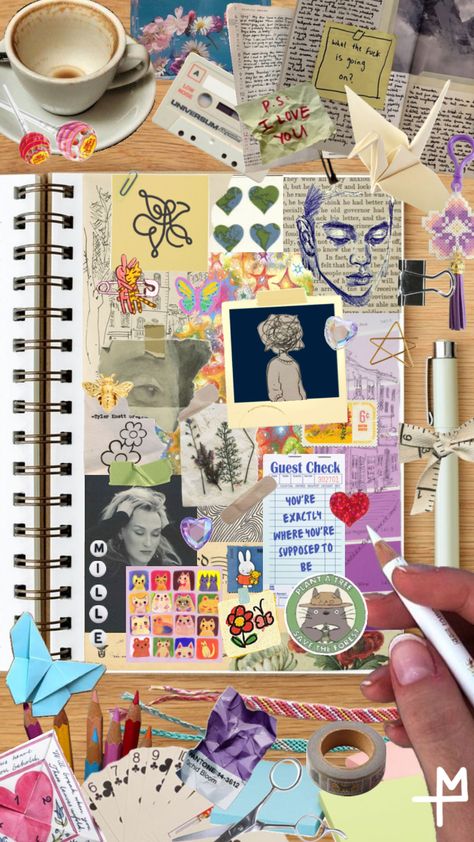 #books #journal #journaling #bulletjournal #scrapbook #art #diary #collageart #clutter #page #desk Books Journal, Scrapbook Art, Art Desk, Art Diary, Collage Art, Desk, Collage, Books, Art