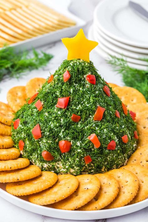 Christmas Tree Cheese Ball with a star at the top. Christmas Treat Charcuterie Board Ideas, Christmas Tree Recipes Party Appetizers, Xmas Orderves Holiday Appetizers, Vegetable Tree Christmas, Christmas Tree Dip Recipe, Finger Foods For Holiday Party, Christmas Tree Shaped Cheese Ball, Christmas Toothpick Appetizers, Christmas Tree Hors D'oeuvres