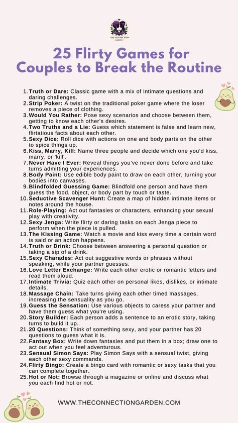 25 Flirty Games for Couples to Break the Routine Deeper Conversation For Couples, Couple Bonding Activities At Home, Things To Do To Spice Up A Relationship, Couple Games Ideas Intimate, Cute Couple Games, Couples Bonding Activities, Activities For Couples Bonding, Romantic Activities For Couples, Couple Activity Ideas At Home