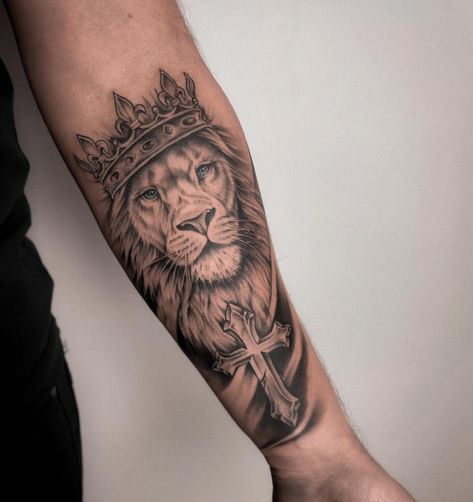 Lion Cloud Tattoo, Lion Wrist Tattoo For Men, Lion Of God Tattoo For Women, Lion Tattoo Crown, Lion Cross Tattoo Design, Lion And Cross Tattoo, Lion With Crown Tattoo Design, Lion Crown Tattoo, Lion Cross Tattoo