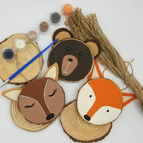 Amazon.com: Ink and Trinket Kids Woodland Creatures Natural Wood Slice Painting Craft Kit for Beginners: Handmade Garden Education, Natural Wood Crafts, Bear Ornaments, November Crafts, Fox Crafts, Camp Crafts, Diy Christmas Ornament, Simple Crafts, Fox Decor