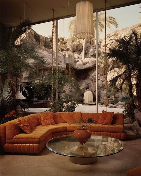 1970s Palm Springs luxury 🧡🌴 • • • • (AI images — MJ 5.2) #70sinterior #1970sinterior #70saesthetic #1970s #70svibes #70snostalgia #70sdecor #70s #vintage #interiordesign #homedecor #luxuryhomes 80s Palm Springs, 70s Sunken Living Room, Rich 70s Aesthetic, Retro Palm Springs Aesthetic, Palm Springs 70s, 70s Backyard, Vintage 70s Living Room, Vintage Palm Springs Aesthetic, 1960's Aesthetic