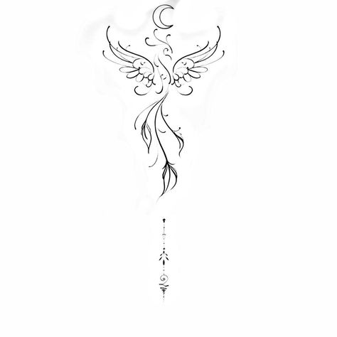 Feminine Delicate Tattoos, Fenix Tattoo Woman Back, Phoenix Unalome Tattoo, Sternum Phoenix Tattoo, Phoenix Moon Tattoo, Phoenix Rising Tattoo Feminine, Phoenix Sternum Tattoo Women, Dainty Phoenix Tattoo, Rising Phoenix Tattoo Feminine Arm