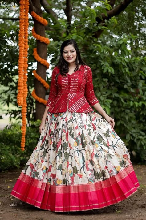 Lehanga With Peplum Top, Kalamkari Crop Top Lehenga, Kalamkari Lehenga Designs, Kalamkari Lehenga, Plus Size Party Wear, Long Length Blouse, डिजाइनर कपड़े, Long Skirt And Top, Long Blouse Designs