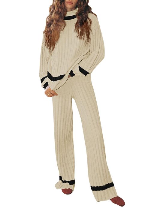 PRICES MAY VARY. 2 piece outfits long sleeve sweater matching knit wide leg pant set Pullover top: Mock neck, long sleeve, stripped, casual loose style Long Pants: high waisted, wide legs, elastic waistband, relaxed fit, suit for all body shape Stylish matching set to wear at home as pajamas loungewear sleepwear, or 2 piece going out sets 2 piece sweater set is suitable for work, shopping, leisure time, vacation, holiday for fall, winter and spring Pink Queen 2 Piece Knit Sets for Women Long Sle Mock Neck Outfit, One Set Outfit, Knitted Outfits, Womens Lounge Set, Knit Sets, Casual Pajamas, Womens Lounge, Best Sweaters, Sweater Sets