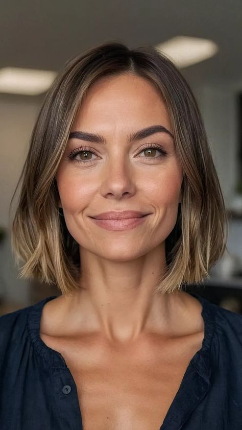 Trendy Mom Haircuts for Every Hair Length - Fads Check more at https://beautyfashionideas.com/makeup/trendy-mom-haircuts-for-every-hair-length-fads/ Bob Haircut With Lowlights, Bob With Layers Haircut, Medium Bob Thick Hair, Collarbone Length Hair Fine, Brunette Bob Fine Hair, Short Balayage Bob, One Lenght Hairstyle Bob, Italian Bob Straight Hair, Bob Thick Hair Straight