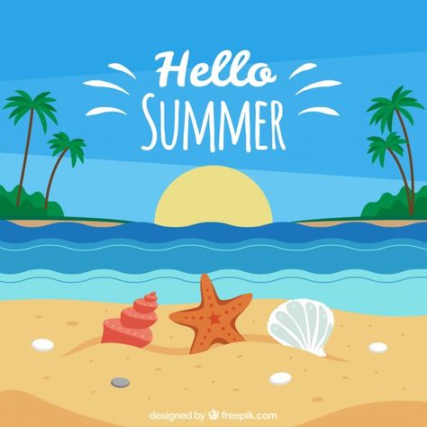 Summer background with beach view Free Vector Summer Beach Illustration, Beach Vector, Summer Images, Background Water, Photos Bff, Summer Cartoon, Beach Pictures Friends, Beach Illustration, Summer Illustration