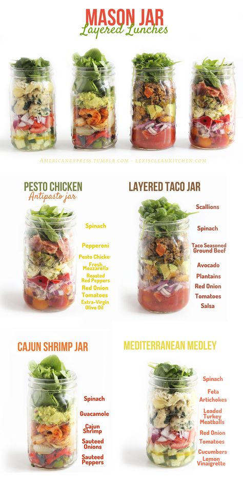 Mason Jar Layered Lunches! Perfect for back to school #glutenfree #paleo #ad Diy Mat, Mason Jar Lunch, Makanan Rendah Kalori, Lexi's Clean Kitchen, Jar Salads, Resep Salad, Resep Diet, Mason Jar Salad, Mason Jar Meals