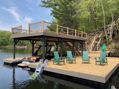 Lake Docks Designs, Lake House Dock, Building A Dock, Boathouse Design, Floating Boat Docks, Lake Landscaping, Lake Dock, Lake House Kitchen, Cottage Modern