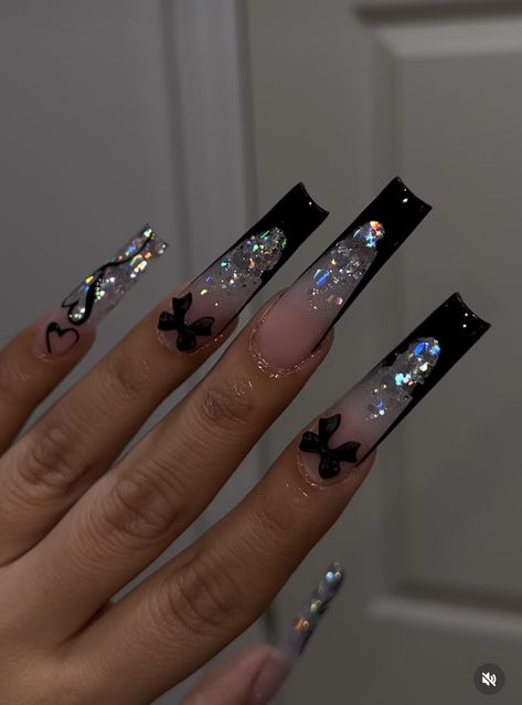 High Nails, Dark Aesthetic Nails Acrylic, 26th Birthday Nails, Black French Tip Nails With Red Bottoms, 2008 Nails, Medium Nail Designs Square, Black Long Nails Ideas, Black Birthday Nail Designs, Cute Black Nail Designs