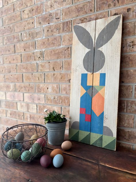 Our Benjamin Bunny Barn Quilt is hand drawn and painted on reclaimed wood. Each piece is unique and sealed for indoor or outdoor use. 27” x 11” Easter Barn Quilts, Barn Quilts Patterns, Barn Board Signs, Quilt Boards, Spring Wood Crafts, Wood Quilt, Paint Collection, Painted Barn Quilts, Benjamin Bunny