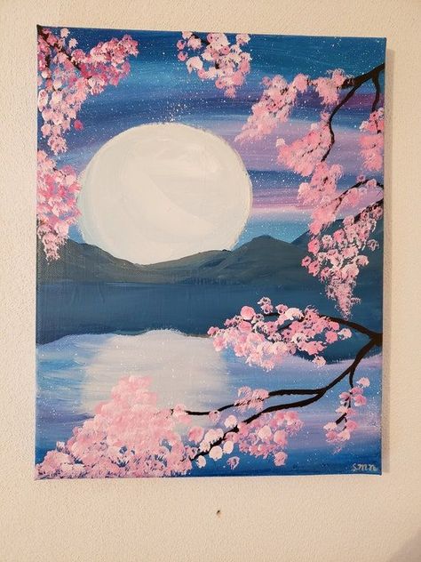 Sakura Painting Acrylic, Sakura Tree Art, Sakura Painting, Tree Painting Canvas, Cherry Blossom Painting, Sky Art Painting, Simple Canvas Paintings, Cute Canvas Paintings, Easy Canvas Art