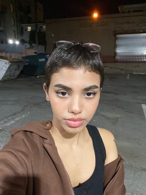 Long buzzcut, pretty girl, dominican short hair Growing Out Buzzcut Curly Hair, Short Hairstyle Women Buzzed, Long Buzzcut Women Pixie Haircuts, Out Grown Buzzcut, Brunette Buzzcut Women, Very Short Hair Round Face, Buzzcut Feminine, How To Style A Buzzcut Women, Really Really Short Hair