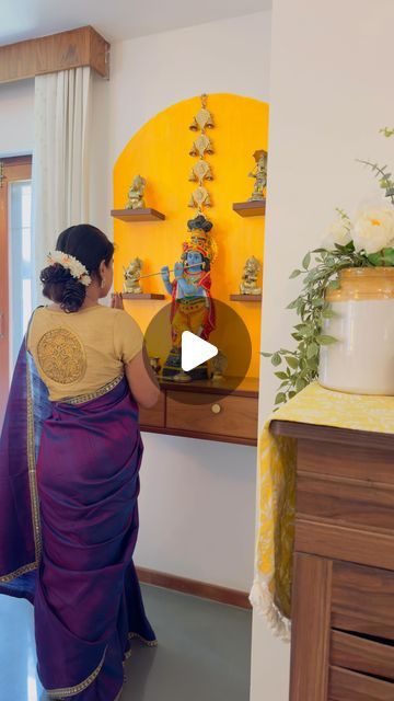 Storage Unit In Living Room, Swami Room Ideas, Living Room Pooja Mandir, Mandir Storage Design, Living Room With Pooja Unit, Temple For Home Designs, Aesthetic Pooja Room, Living Room Shifting, Diy Puja Mandir Home