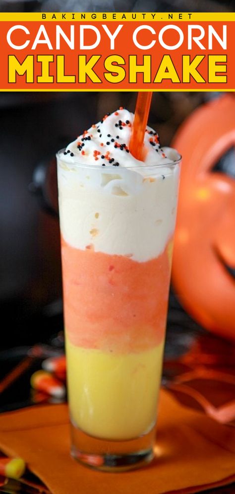 Looking for more easy Halloween recipes? Here's a milkshake idea! It's also a perfect Halloween dessert. Made with vanilla ice cream and vanilla sherbet, this Candy Corn Milkshake is fun and tasty! Fall Ice Cream Shop Ideas, Halloween Ice Cream Ideas, Candy Corn Drinks, Easy Halloween Recipes, Boozy Shakes, Cool Whip Desserts, Halloween Ice Cream, Yummy Deserts, Halloween Party Snacks