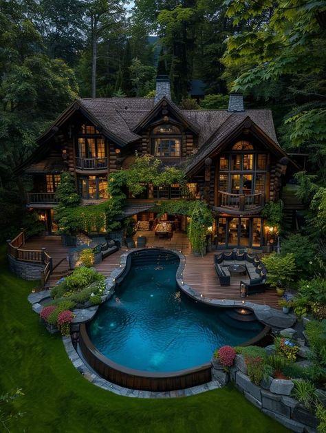 Big House In Woods, Mansions In The Woods, Forest Resort Ideas, Trapped Aesthetic, Mansion With Pool, Wood Mansion, House Surrounded By Trees, Backyard With Pool, Game Room Ideas