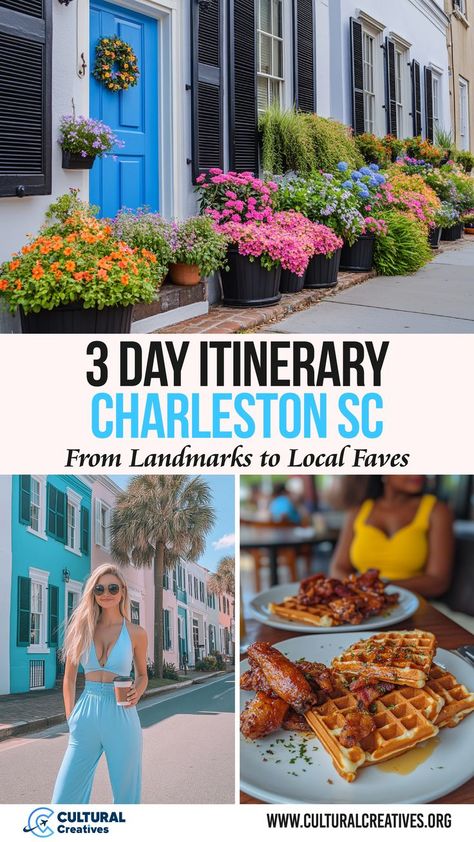 A collage showcasing 3 Day Itinerary Charleston SC: From Landmarks to Local Faves, featuring colorful flower-adorned homes, a stylish woman strolling through iconic pastel streets, and a delicious plate of chicken and waffles. Top Things To Do In Charleston Sc, Free Things To Do In Charleston Sc, Visiting Charleston Sc, Charleston South Carolina Aesthetic, Visit Charleston Sc, Charleston Sc Things To Do, Downtown Charleston Sc, Charleston Travel, Downtown Charleston