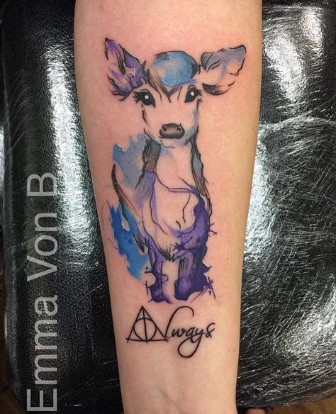 Lily's doe patronus - Emma Von B, Hello Sailor Tattoo Studio, Blackpool UK Patronus Tattoo, Doe Patronus, Tattoo Harry Potter, Doe Tattoo, Fandom Tattoos, Always Tattoo, Hp Tattoo, Sailor Tattoo, Theme Tattoo