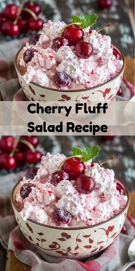 How about a new salad idea? This cherry fluff salad recipe is perfect! A delicious cherry dessert and refreshing addition to your salad recipes for dinner. Ideal for any occasion. Cherry Fluff Salad, Cherry Fluff, Fluff Salad Recipes, Easy Fruit Salad Recipes, Cherries Salad, Fluff Salad, Fluff Recipe, Fluff Desserts, Fruit Salad Easy