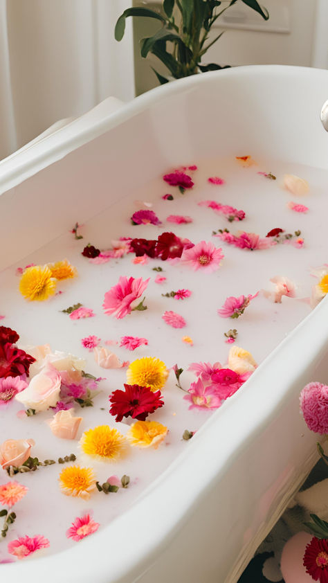 #selfcare #selflove #selfcaretips #selfcaresunday #bath #bathtub #flowerbath #floralbath #milkbath #aesthetic #calming #pink #spring #healing #summer #thatflowerfeeling #mentalhealth #girly #cleangirl Self Care Bath Ideas, Milk Bath Aesthetic, Pamper Aesthetic, Flower Bath Aesthetic, Onsen Aesthetic, Relaxing Bath Aesthetic, Bath Tub Photography, Bubble Bath Aesthetic, Healing Summer