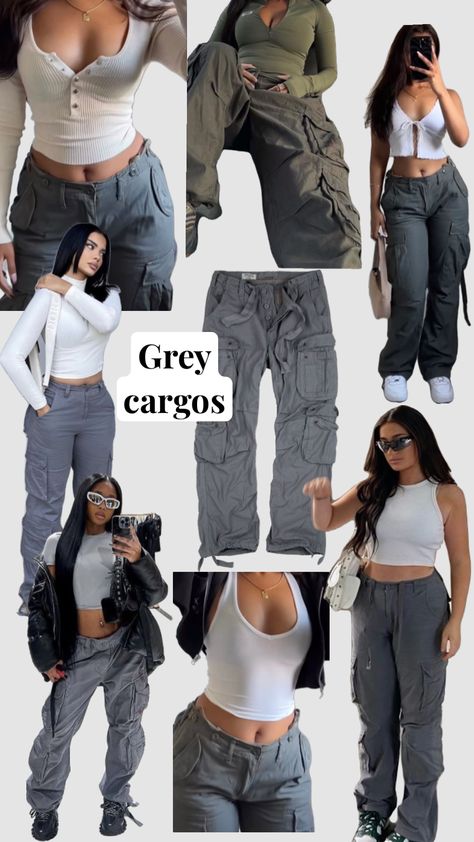 Grey Pants Outfit Women Street Style, Baggy Grey Cargo Pants Outfit, Styling Grey Pants Women, Gray Cargos Outfit Women, Cool Cargo Pants Outfits, Styling Grey Cargos, Grey Cargo Pants Outfit Summer, Cute Outfits With Cargos, Grey Cargo Pants Outfit Aesthetic