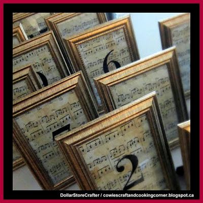 Dollar Store Crafter: Make Table Numbers Using Dollar Tree Picture Frame... Dollar Tree Table Numbers, Book Table Numbers, Vintage Table Decorations, Sheet Music Wedding, Wedding Table Themes, Frugal Wedding, Vintage Wedding Table, Music Themed Parties, Music Themed Wedding