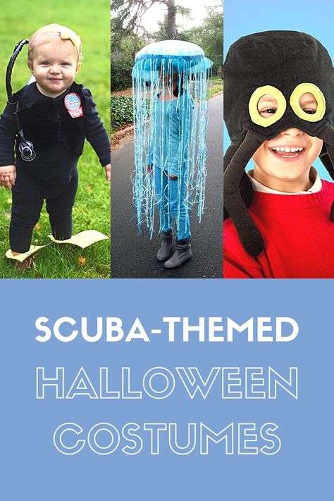 Do you like dressing up for Halloween? Love the ocean? You’ve come to the right place. Read on for an assortment of costume ideas for scuba divers – including DIY Halloween costumes for kids and adults. Scuba Halloween Costume, Scuba Costume Diy, Ocean Theme Family Costume, Diy Sea Creature Costume, Beach Halloween Costumes, Diy Scuba Diver Costume, Scuba Costume, Finding Dory Costume, Dory Costume