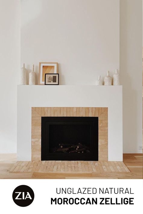 Unglazed Natural 2x6 Zellige - Handmade Moroccan Tile from Zia Tile in 2022 | Fireplace feature wall, Fireplace, Moroccan tile Wide Plank Wood Floors, Plank Wood Floors, Dream Fireplace, Stucco Fireplace, Zia Tile, Fireplace Tile Surround, Wood Floors Wide Plank, Fireplace Remodel, Home Fireplace