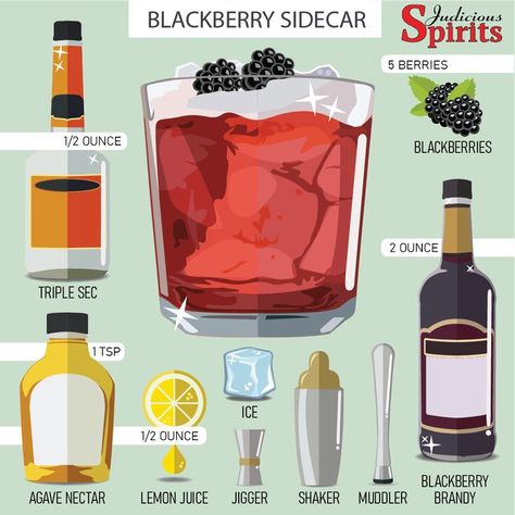 Blackberry Brandy Sidecar Cocktail Recipe Illustrated by Judicious Spirits, a liquor store located in Mountain Home, Arkansas Blackberry Brandy Drinks Cocktails, Blackberry Brandy Cocktail, Blackberry Brandy Drinks, Blackberry Sidecar, Shaker Cocktail Recipes, Cognac Recipes, Blackberry Brandy, Brandy Drink, Sidecar Cocktail