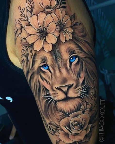 Lion Tattoo With Flowers, Lion Tattoo On Thigh, Female Lion Tattoo, Animal Tattoos For Women, Lioness Tattoo, Lion Head Tattoos, Leo Tattoos, Lion Tattoo Design, Hip Tattoos Women