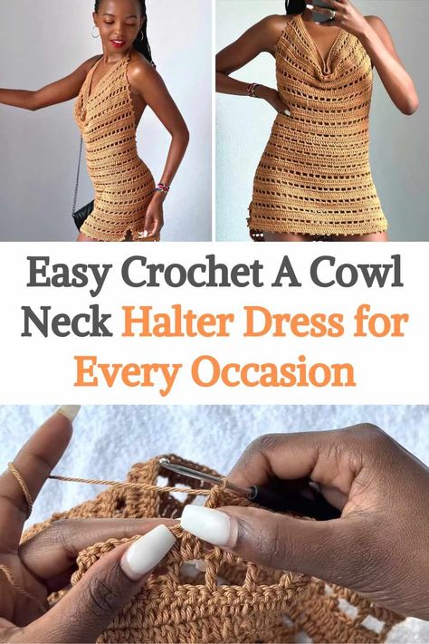 Stretch Halter Neck Crochet Dress For Summer, Crochet Halter Neck Dress For Beach, Crochet Halterneck Dress Pattern, Fitted Halter Neck Crochet Dress For Beach, Easy Crochet Dress Pattern Free, Cowl Neck Crochet Top, Crochet Dress Tutorial, Easy Diy Crochet, Halter Dress Pattern