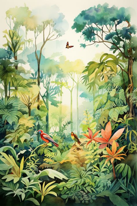 40 Easy and Beautiful Watercolor Paintings - Proactive Creative - Guides for Visual Artists Beautiful Watercolor Paintings, Jungle Drawing, Jungle Painting, Forest Drawing, Jungle Illustration, Tropical Painting, Rain Painting, Afrique Art, Tropical Background