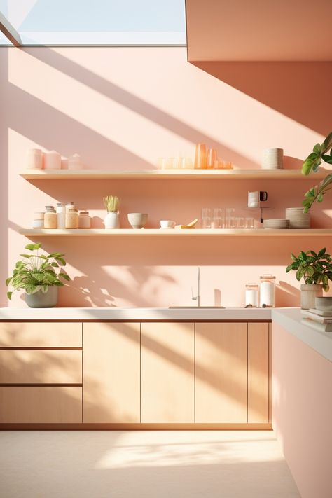 Peach tones? Hmmm, let's see! Peach kitchen is warm and welcoming, are you looking for some inspiration? Here we are! ✨ Apricot Kitchen, Colourful Kitchens, Pantone 2024, Peach Kitchen, Color Melon, Pastel Kitchen, Peach Walls, Peach Fuzz, Pink Kitchen