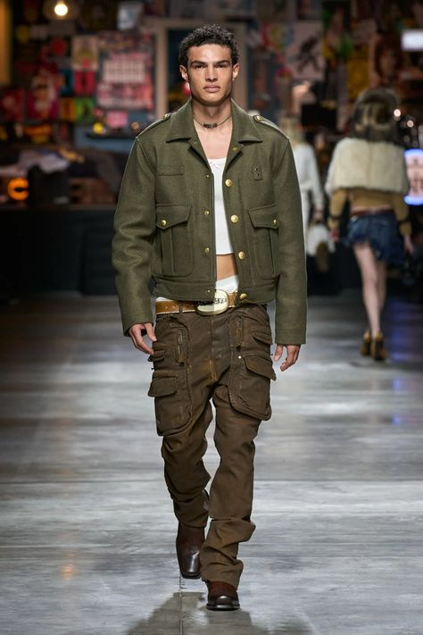 Military Outfit Men, Dsquared Men, 23 Runway, Fall 2023 Menswear, Military Inspired Fashion, Fall 2023 Ready To Wear, 2023 Ready To Wear, Destroyed Denim, Military Outfit