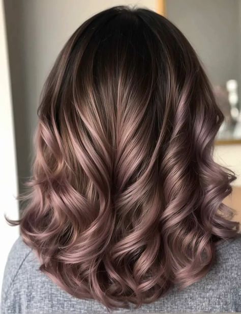 45 Pink Highlights On Dark Brown Hair For Women Dark Brown Hair With Rose Gold, Pink Highlights In Brown Hair Curls, Pink Brown Hair Color, Blush Pink Highlights, Dark Brown Hair With Pink, Brunette With Pink Highlights, Hair Colour Pink, Rose Gold Brown Hair, Rose Brown Hair Color