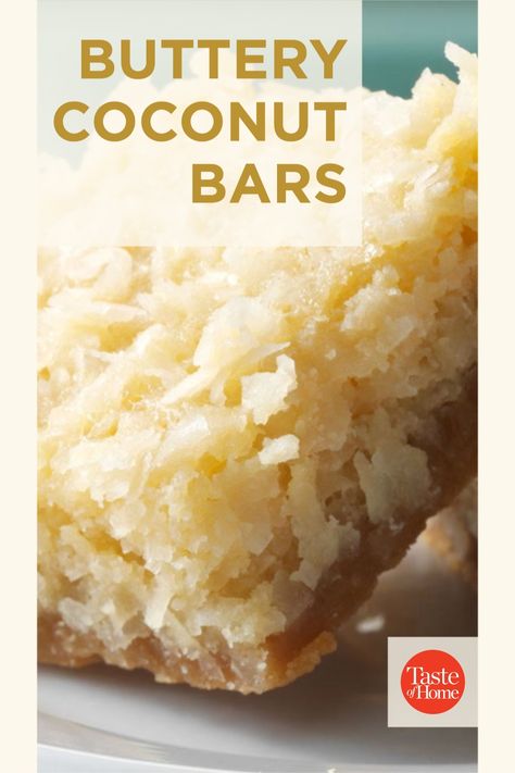 Buttery Coconut Bars, Coconut Bar, Coconut Dessert, Coconut Desserts, Coconut Bars, Dessert Bar Recipe, Coconut Cookies, Cake Bars, Christmas Tradition