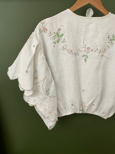 Reworked vintage tablecloth top. One of a kind, handmade. Annella Perlman, Upcycled Tablecloths, Tablecloth Clothing, Vintage Reworked Clothing, Vintage Tablecloth Shirt, Vintage Long Sleeve Lace Patchwork Top, Tablecloth Top, Vintage Long Sleeve Upcycled Top, Vintage Reworked Cotton Tops