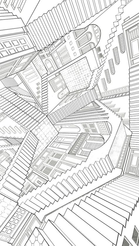 My homage to MC Escher's 'Relativity' Relativity Mc Escher, Mc Escher Artist Research Page, Non Euclidean Architecture, Mc Escher Stairs, Mc Escher Relativity, Escher Relativity, Escher Stairs, Mc Escher Art, Escher Drawings