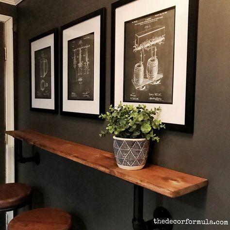 DIY Bar Ledge: How to Make an Industrial Bar Ledge Basement Drink Ledge, Bar On Wall Ideas, Drink Ledge, Home Bar Essentials, Home Bar Rooms, Pallet Walls, Basement Remodel Diy, Bar Game, Diy Home Bar