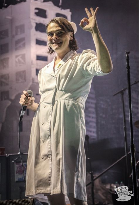 gerard way reunion tour september 13 2022 at little ceasers arena in detroit, MI by through_the_looking_glass17 Gerard In A Dress, Gerard Way Tour Outfits, Gerard Way Nurse Outfit, Nurse Gerard Way, Gerard Way Dress, Gerard Way Outfits, Gerald Way, Bob Bryar, Birthday Fit