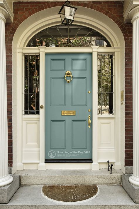 Color: Dreaming of the Day 0470 by Diamond Vogel Paint Trust & Safety Dreaming of the Day’s color origin is centered between blue and green, and offers the best of both worlds — feelings of security, trust, and safety, as well as wellness and health. Bonito, Brick House Front Door Colors, Bungalow Porch, Hamptons Beach House, Home Front Door, Green Front Doors, Front Door Paint Colors, Porch Colors, Malibu Home