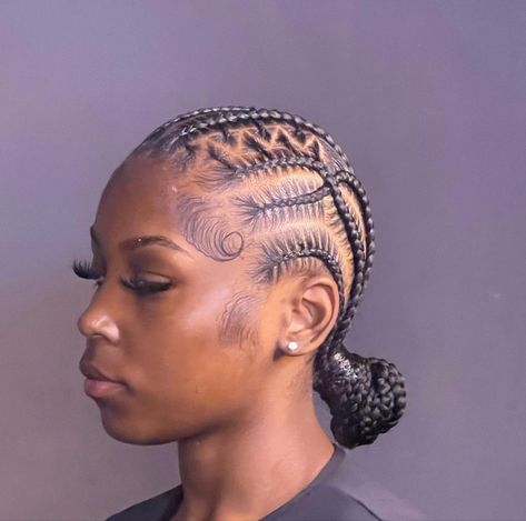 Corn Row Braids Black Women Designs, Braided Double Buns Black Women, 5 Stitch Feed In Braids With Design, Braided Cornrow Hairstyles Colour, 5 Stitch Feed In Braids In A Bun, Cris Cross Stitch Braids, Braids On Scalp Hairstyles, Feed In Braids Cornrows Straight Back Bun, Braided Ponytail Hairstyles Cornrow