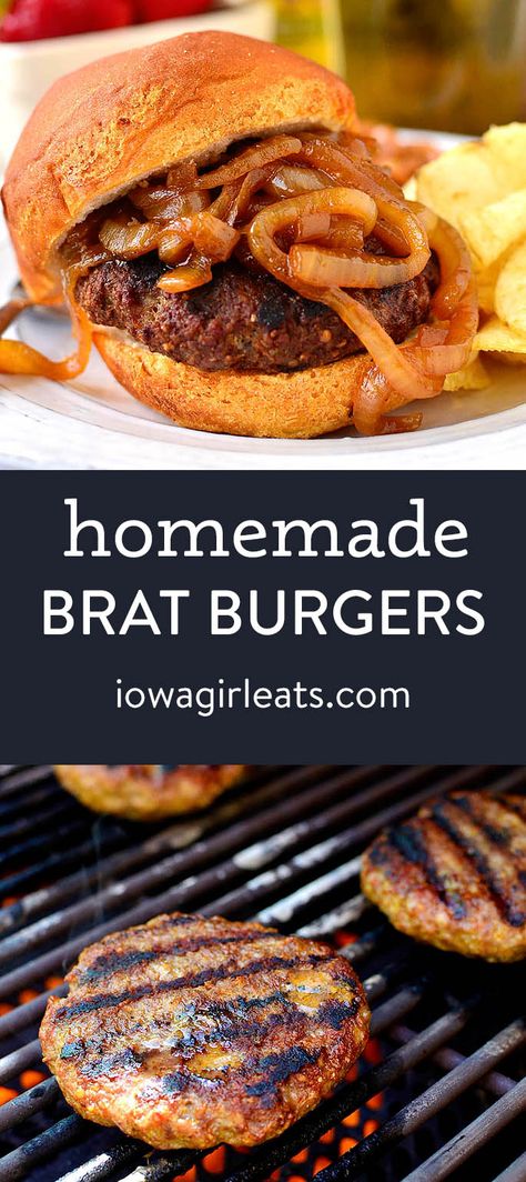 Homemade Brat Burgers are homemade brat patties made with just ground pork and everyday spices. You'll be making this easy grilling recipe all summer long! | iowagirleats.com keywords: grilling recipes, grilling ideas, grilling ideas for dinner, gluten free grilling recipe, pork burgers Ground Brat Meat Recipes, Brat Patties Recipes, Ground Pork Grill Recipes, Bratwurst Patties Recipes, Brat Patty Recipes, Brat Burgers Recipes, Ground Pork Recipes For Dinner Burgers, Ground Pork Burgers Recipes, Brat Patties