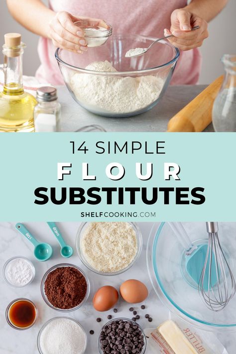 Need some breading for your chicken or a cup of flour for your favorite brownies? If you're all out, these flour substitute ideas are here to save the day! All Purpose Flour Substitute, Flour Substitutes For Baking, Flour Substitute Chart, Substitute For Flour, Bread Flour Substitute, Soda Substitute, Cooking Substitutes, Substitute Ideas, Baking Soda Substitute