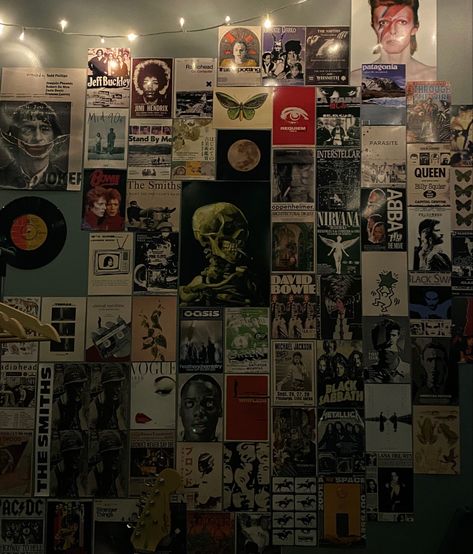 poster wall inspo, aesthetic posters, vintage posters Bedroom Covered In Posters, 80s Room Posters, Band Poster Room Decor, Messy Poster Wall, Poster Ideas Grunge, Metallica Aesthetic Poster, Room Filled With Posters, Postered Room, Alt Room Posters