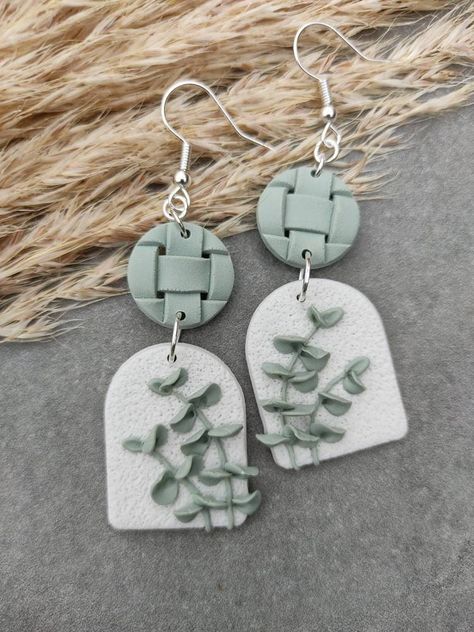 Basket Weave Polymer Clay Earrings, Nature Clay Earrings, Statement Clay Earrings, Eucalyptus Arch, Clay Leaf Earrings, Green Clay Earrings, Earring Business, Weave Basket, Silversmithing Jewelry