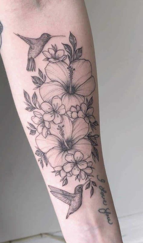 Flower Upper Arm Tattoo Floral Sleeve, Tattoos With Hummingbirds And Flowers, Nature Vibe Tattoo, Humming Bird Tattoo Forearm, Hibiscus Hummingbird Tattoo, Hummingbird Tattoo With Flowers Forearm, Hibiscus Shoulder Tattoo, Floral Hummingbird Tattoo Half Sleeves, Floral With Hummingbird Tattoo